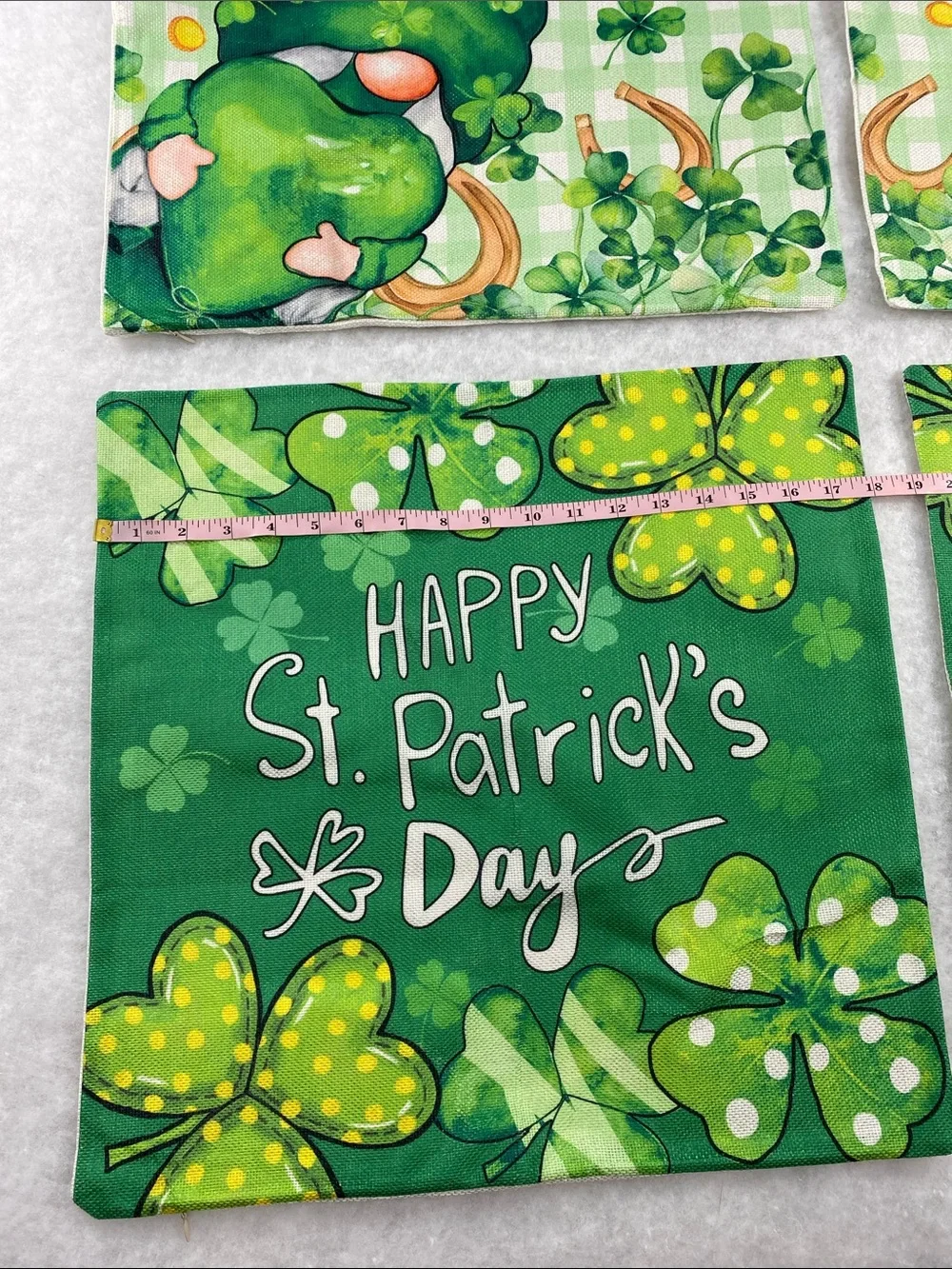 4 green Happy St. Patrick’s day themed pillow covers. Gnomes, clovers and gold